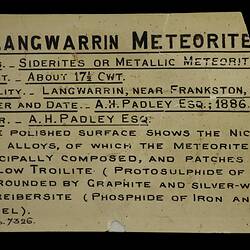 Lismore Meteorite label. [E 14143]