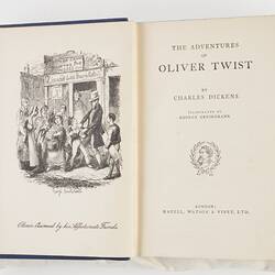 Open book with printed illustration of mid 19th century town scene.