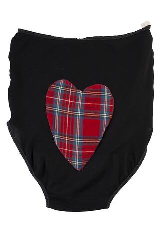 Black women's briefs with red tartan heart sewn on the rear.