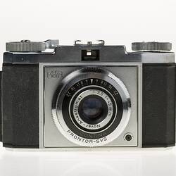 Chrome metal and black leather viewfinder camera.