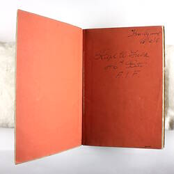 Inside cover of book showing inscription.