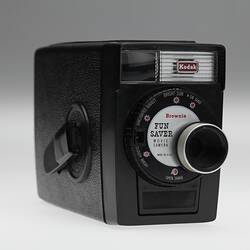Front view of black plastic movie camera.