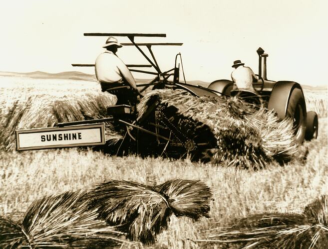 Sepia photograph, of two men operating a tractor drawn reaper binder.
