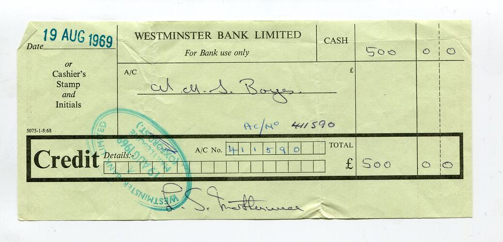Receipt - Lindsay Motherwell, Sylvia Boyes, Westminster Bank, 19 Aug 1969