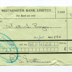 Receipt - Lindsay Motherwell, Sylvia Boyes, Westminster Bank, 19 Aug 1969