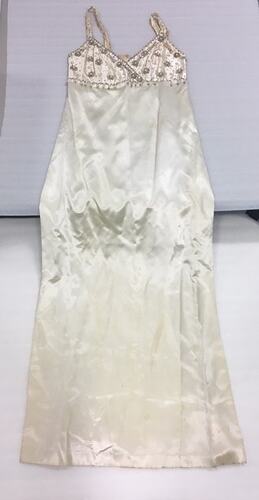 Dress - Full-Length, Beaded White Satin, Sylvia Motherwell, circa 1970s