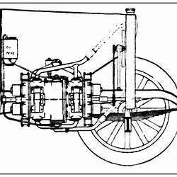 Line drawing of crankless engine in motor car