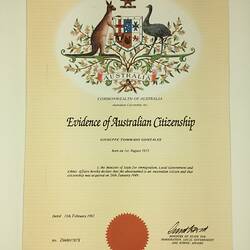 Certificate - Evidence of Australian Citizenship, Giuseppe Gonzales, Commonwealth of Australia, 13 Feb 1992
