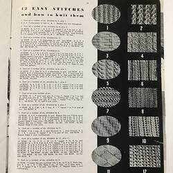 Black and white printed page with text and photograph of knitting samples.