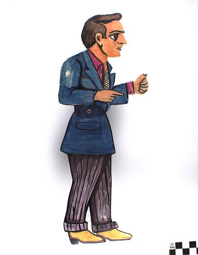 Two dimensional acrylic puppet of a man wearing blue jacket, purple trousers, pink shirt and yellow shoes.