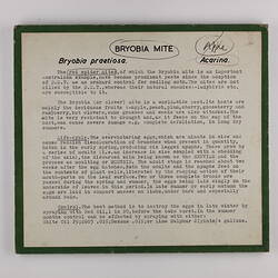 Exhibition Label - Bryobia Mite,  Museum of Applied Science / Institute of Applied Science, Melbourne, circa 1960