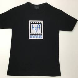 Black t-shirt with white square logo on front, laying flat.