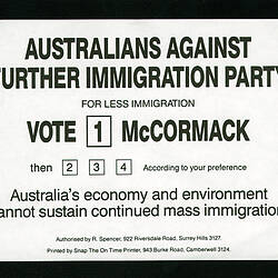 Leaflet - Australians Against Further Immigration Party, 1991