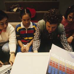 Digital Photograph - Queenie & Madelaine Aikenhead, Marg Fallshaw & Lisa Williams, Odetta Moore & Caitlin O'Connell Working with LEGO TC Logo, Sunrise School, Melbourne Museum, Russell Street, 1989