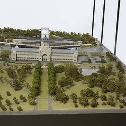 Model of Melbourne Museum, Royal Exhibition Building and Carlton Gardens. View from south.