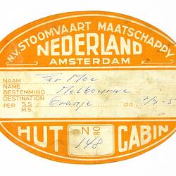 Baggage Label - NV Stoomvart Maatschappy Nederland Amsterdam "Hut Cabin No" (with handwriting - "Per Mor, Melbourne, Oranje")