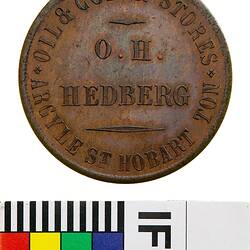 Mule Token - 1 Penny, O.H. Hedberg, Oil & Colour Stores, Hobart, Tasmania, Australia, circa 1860