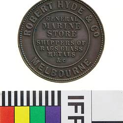Token - Halfpenny, Robert Hyde & Co, Marine Store, Melbourne, Victoria, Australia, 1861