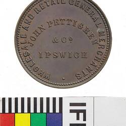 Token - 1 Penny, John Pettigrew & Co, General Merchants, Ipswich, Queensland, Australia, 1865