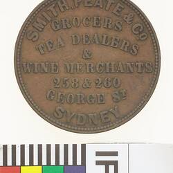 Token - 1 Penny, Smith, Peate & Co, Grocers, Tea & Wine Merchants, Sydney, New South Wales, Australia, circa 1857