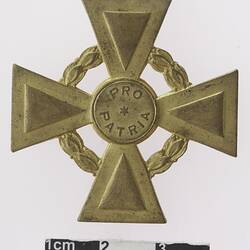 Cross shaped, gold coloured medal with text in centre.