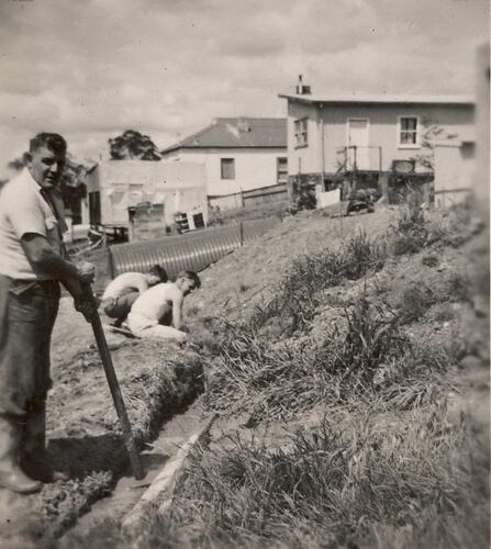 Digital Photograph - Three Men Pouring the Footings, House Building  Site, Greensborough, circa 1958