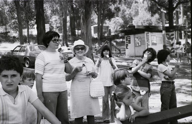 Digital Photograph - Family Eating 'Chocolate Hearts' Ice Creams at 'Puffing Billy' steam train site, Belgrave, circa 1977