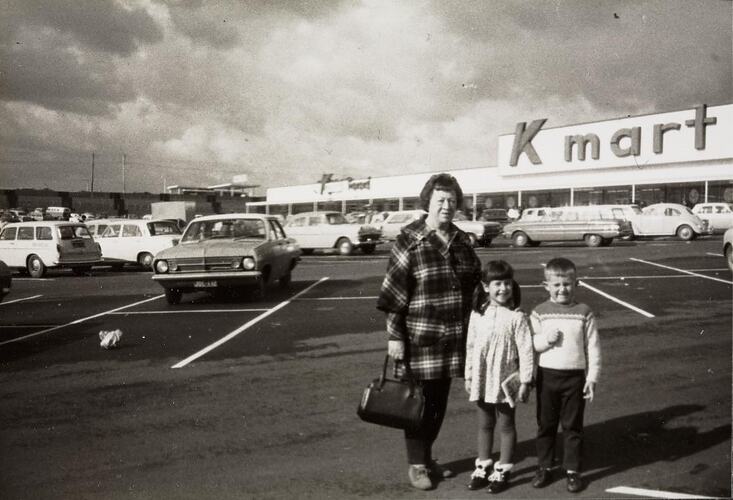 Digital Photograph - Woman with Boy & Girl, Car Park, Kmart, Burwood, 1970