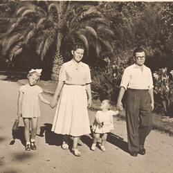 Digital Photograph - Man, Woman & Two Girls Walking in Royal Botanic Garden, South Yarra, 1951