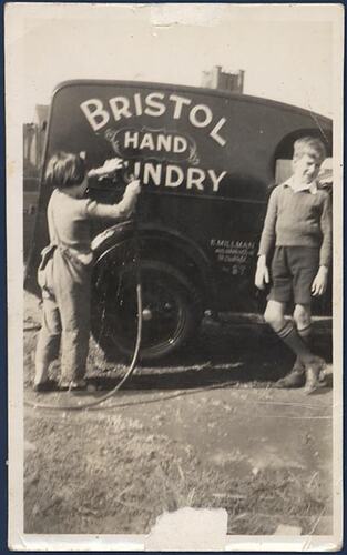 Digital Photograph - Two Children Washing 'Bristol Hand Laundry' Delivery Van, circa 1945