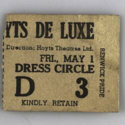 Ticket - Cinema, Dress Circle, Hoyts De Luxe, circa 1945