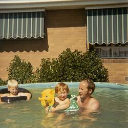 Digital Photograph - Man & Two Boys in Pool, Gladstone Park, 1972