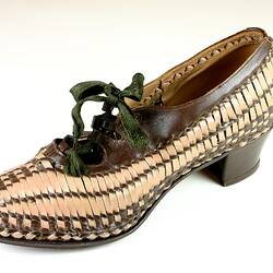 Shoe - Pink & Brown Leather, Basketweave, 1930s-1940s