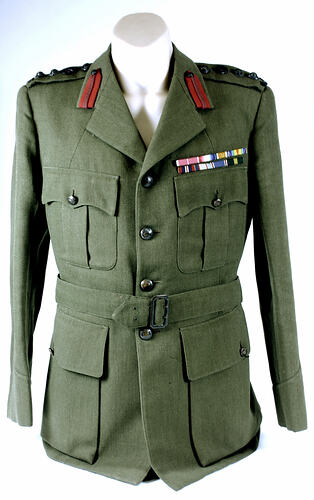 Jacket on mannequin, front view.