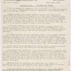 Letter - Details of Passage to Australia. 1956