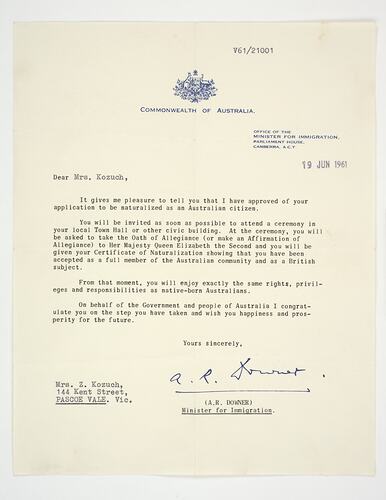 Letter to Zofia Kozuch approving naturalization 1961. Typed with logo and signature.