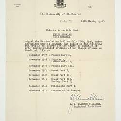 Conferment Record - Issued to Lili Sigalas, The University of Melbourne, 24 Mar 1952