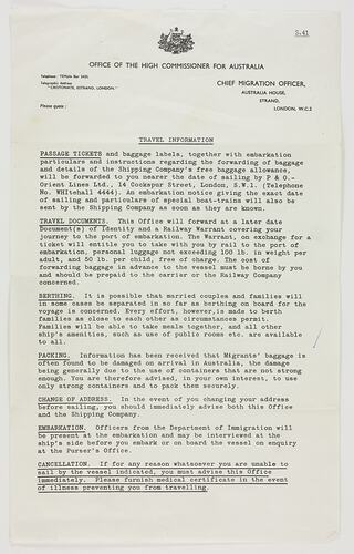 Letter - Ship Travel Information, Myerscough, 1963