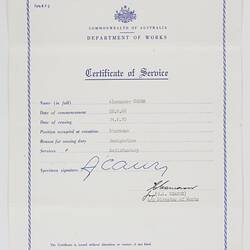 Certificate of Service - Issued to Alexander Caurs, Commonwealth Department of Works, 21 Aug 1970