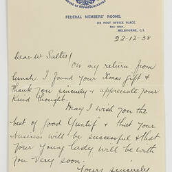 Letter - Federal Members' Rooms to Robert Salter, 22nd Dec, 1938