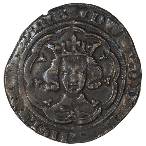 Coin, round, crowned bust of the King facing; text around, EDWARD D G REX ANGL Z FRANC D HYB.