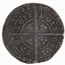 Coin, round, long cross with three beads in each angle; text around in two concentric circles.