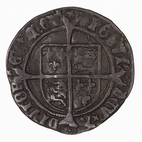 Coin, round, A shield quartered with the arms of England and France below long cross fourchee; text around.