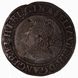Coin, round, Crowned bust of Queen, wearing ruff and embroidered dress facing left; behind, rose; text around.
