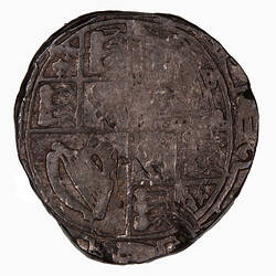 Coin Forgery, round, Garnished round shield bearing Royal Arms (rest including legend missing).