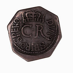 Coin, Octagonal shape, Crown above the letters CR; text around, DVM SPIRO SPERO.