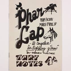 White and black printed programme for Phar Lap.
