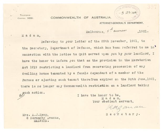 Letter - Attorney-General's Department, Commonwealth of Australia, 05 Dec 1921