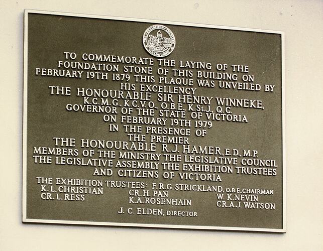 Photograph - Plaque Commemorating the Laying of the Foundation Stone, Exhibition Building, Melbourne, 1979