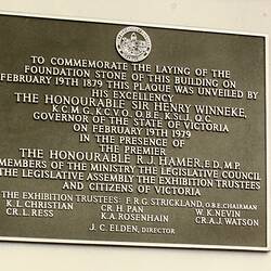 Photograph - Plaque Commemorating the Laying of the Foundation Stone, Exhibition Building, Melbourne, 1979